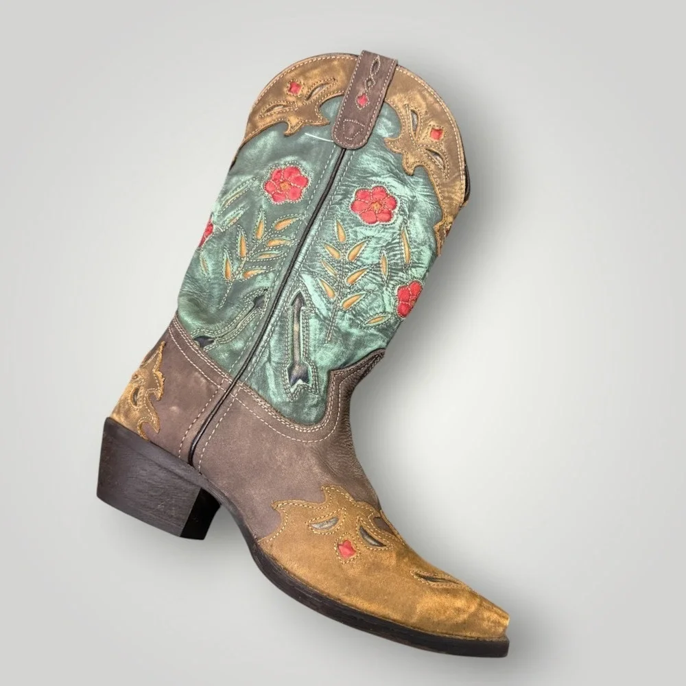 Laredo Miss Kate Floral Inlay Snip Toe Cowgirl Boots 52138 Size 7M Teal